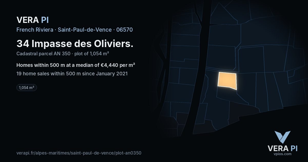 34 Impasse des Oliviers, Saint-Paul-de-Vence at night – the plot lit, the parcels around coloured by the prices near them