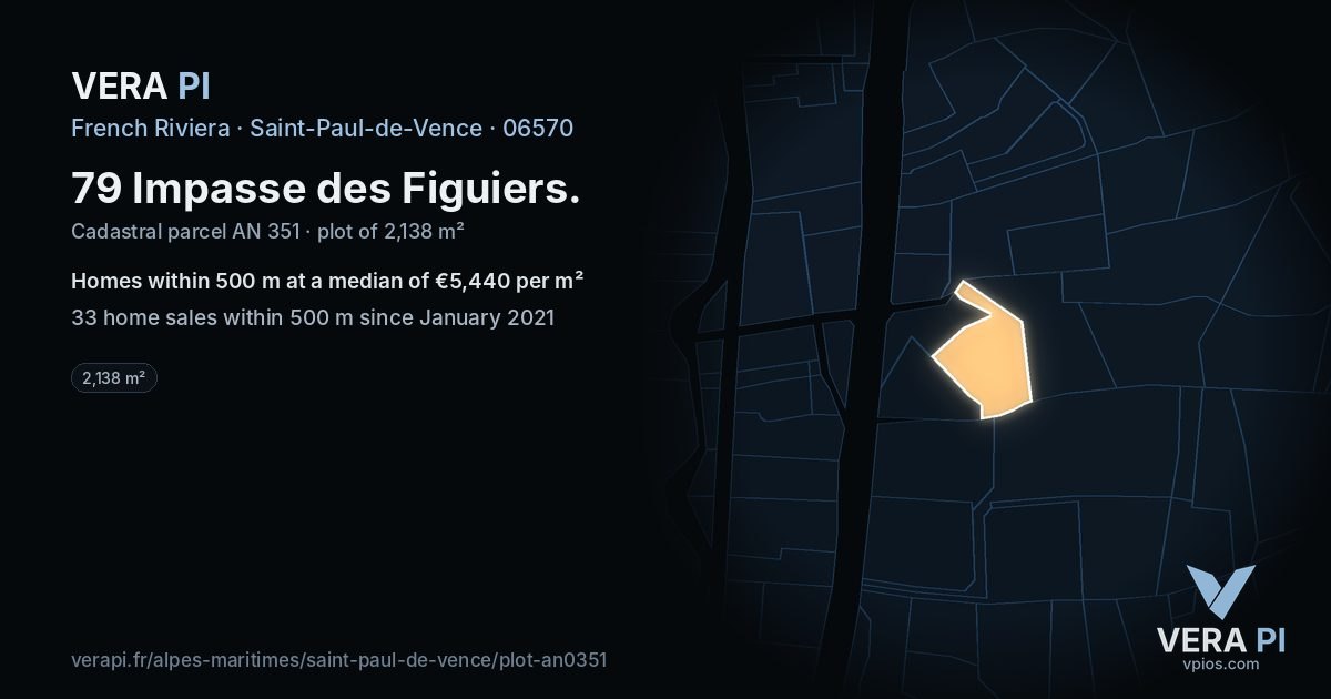 79 Impasse des Figuiers, Saint-Paul-de-Vence at night – the plot lit, the parcels around coloured by the prices near them
