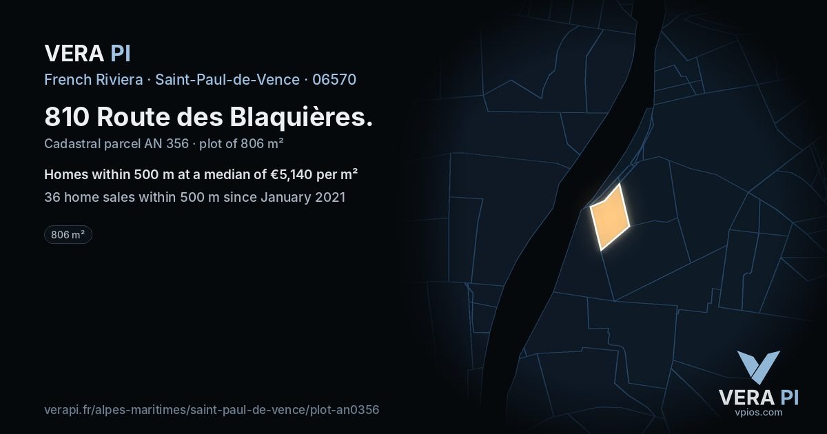 810 Route des Blaquières, Saint-Paul-de-Vence at night – the plot lit, the parcels around coloured by the prices near them