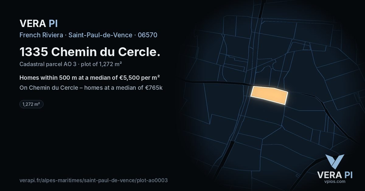 1335 Chemin du Cercle, Saint-Paul-de-Vence at night – the plot lit, the parcels around coloured by the prices near them