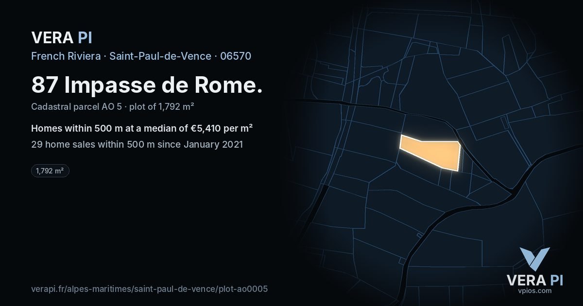 87 Impasse de Rome, Saint-Paul-de-Vence at night – the plot lit, the parcels around coloured by the prices near them