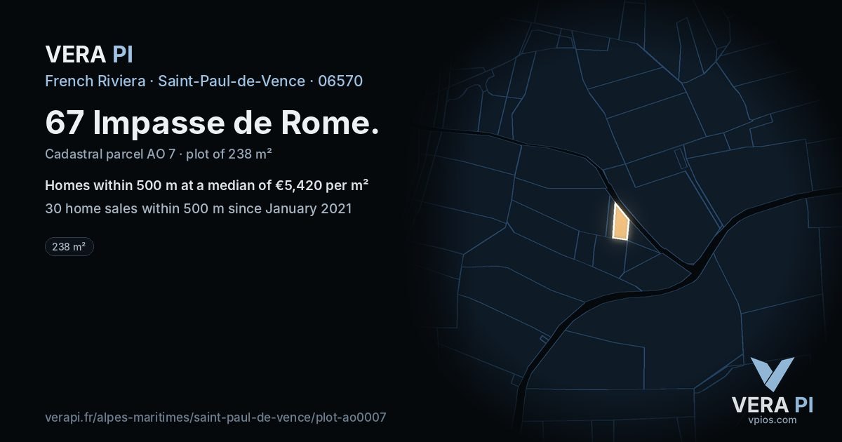 67 Impasse de Rome, Saint-Paul-de-Vence at night – the plot lit, the parcels around coloured by the prices near them