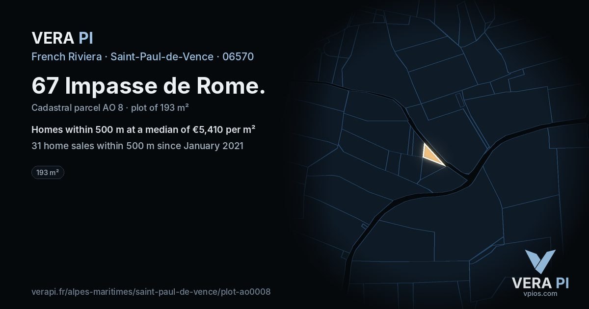 67 Impasse de Rome, Saint-Paul-de-Vence at night – the plot lit, the parcels around coloured by the prices near them