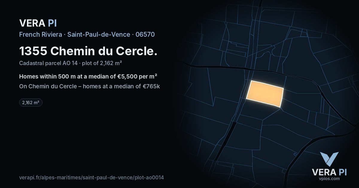 1355 Chemin du Cercle, Saint-Paul-de-Vence at night – the plot lit, the parcels around coloured by the prices near them