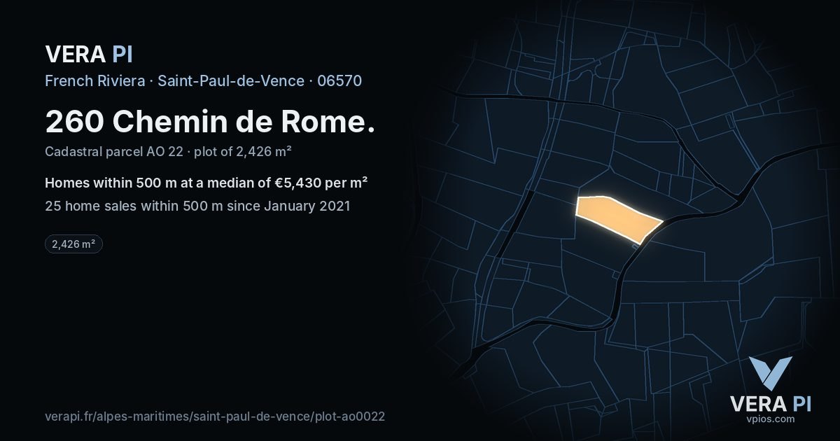 260 Chemin de Rome, Saint-Paul-de-Vence at night – the plot lit, the parcels around coloured by the prices near them