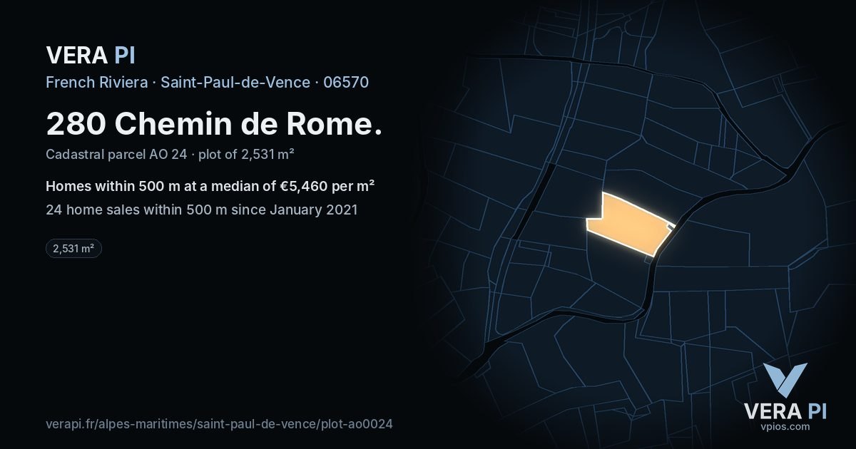 280 Chemin de Rome, Saint-Paul-de-Vence at night – the plot lit, the parcels around coloured by the prices near them