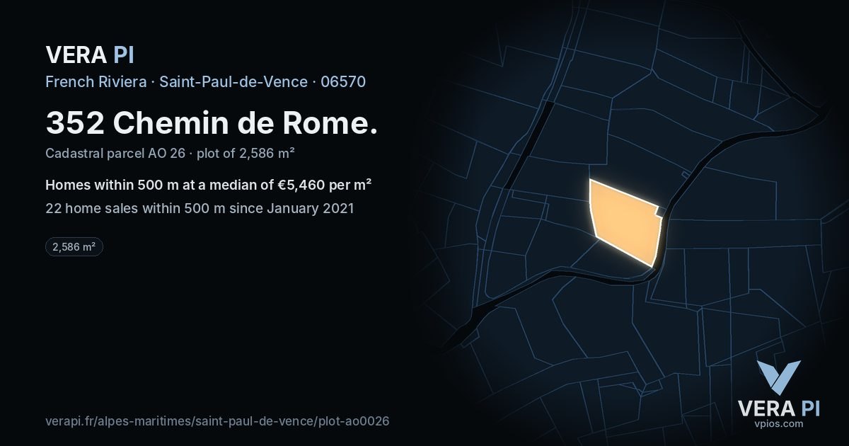 352 Chemin de Rome, Saint-Paul-de-Vence at night – the plot lit, the parcels around coloured by the prices near them