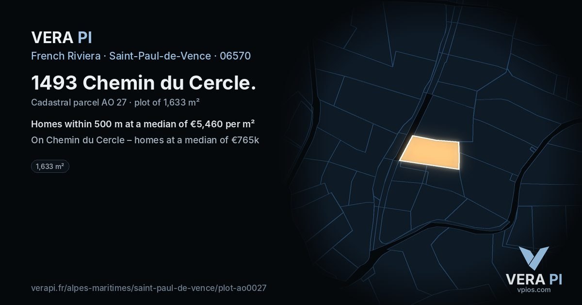 1493 Chemin du Cercle, Saint-Paul-de-Vence at night – the plot lit, the parcels around coloured by the prices near them