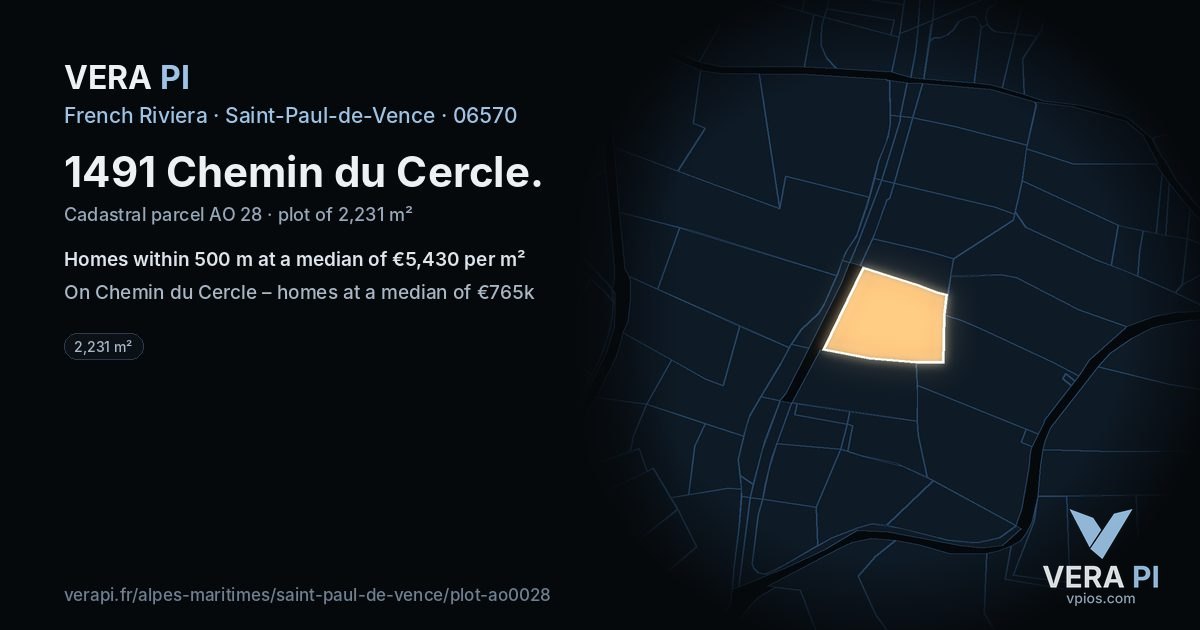 1491 Chemin du Cercle, Saint-Paul-de-Vence at night – the plot lit, the parcels around coloured by the prices near them
