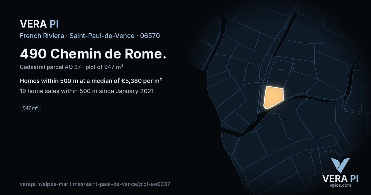490 Chemin de Rome, Saint-Paul-de-Vence at night – the plot lit, the parcels around coloured by the prices near them