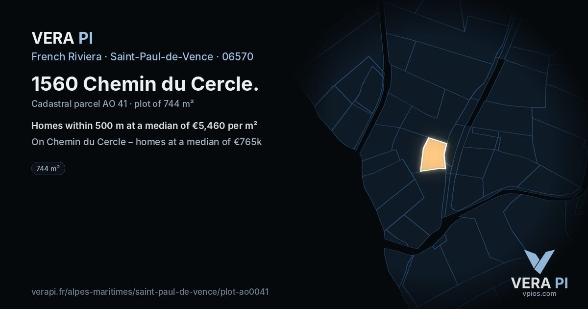 1560 Chemin du Cercle, Saint-Paul-de-Vence at night – the plot lit, the parcels around coloured by the prices near them