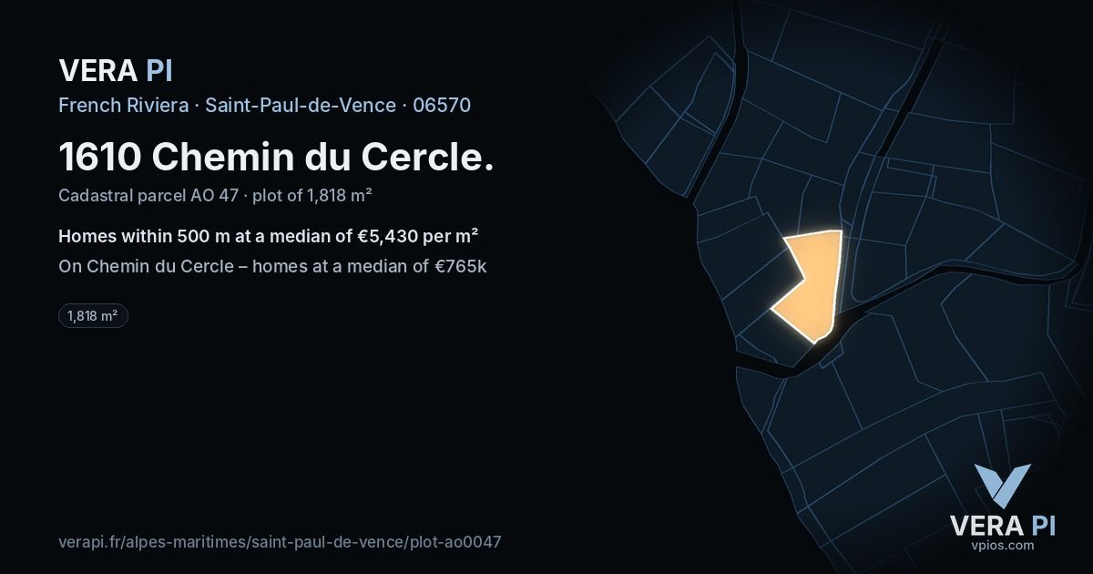 1610 Chemin du Cercle, Saint-Paul-de-Vence at night – the plot lit, the parcels around coloured by the prices near them