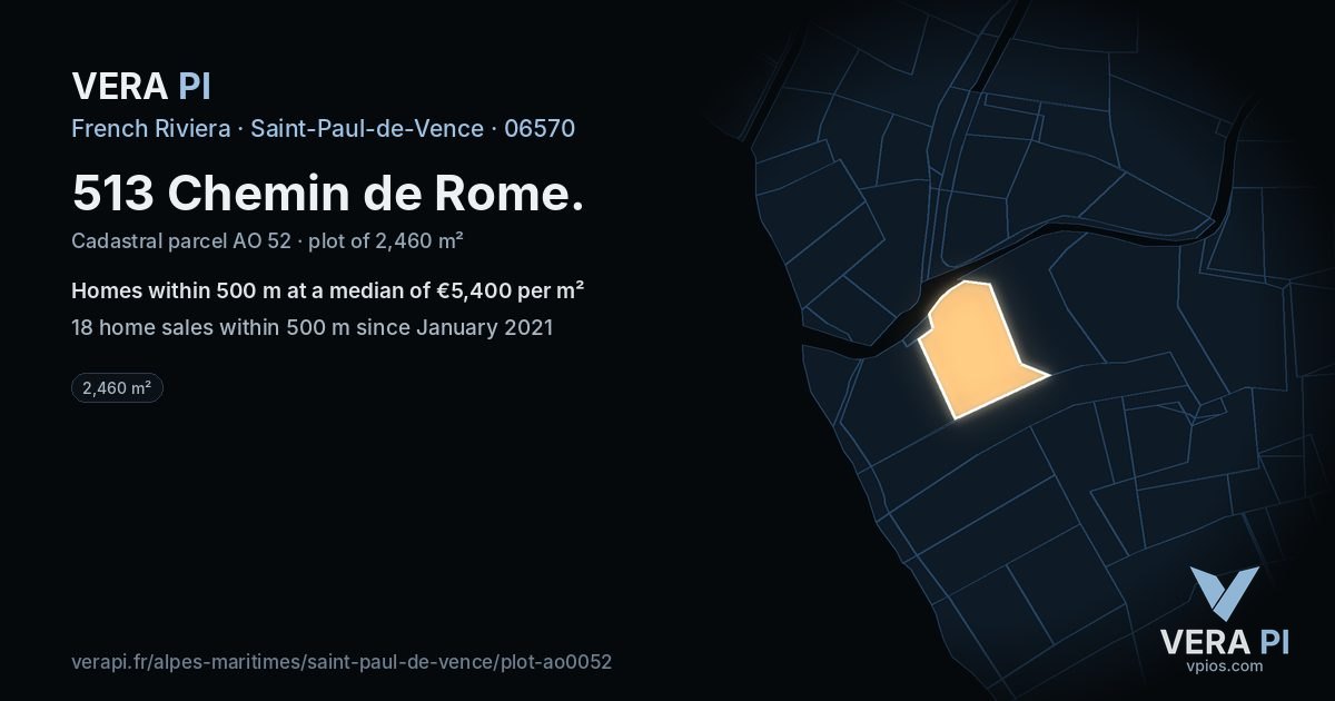 513 Chemin de Rome, Saint-Paul-de-Vence at night – the plot lit, the parcels around coloured by the prices near them