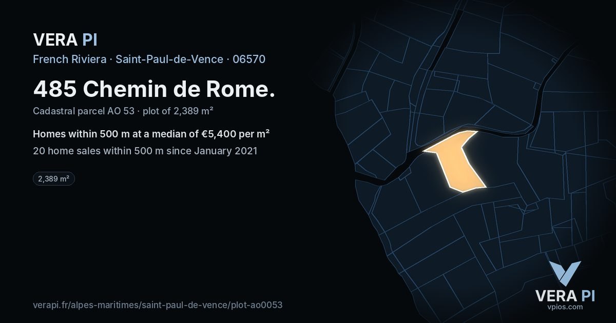 485 Chemin de Rome, Saint-Paul-de-Vence at night – the plot lit, the parcels around coloured by the prices near them