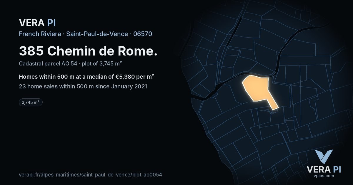 385 Chemin de Rome, Saint-Paul-de-Vence at night – the plot lit, the parcels around coloured by the prices near them