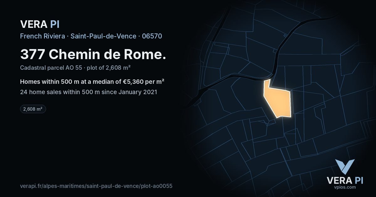377 Chemin de Rome, Saint-Paul-de-Vence at night – the plot lit, the parcels around coloured by the prices near them