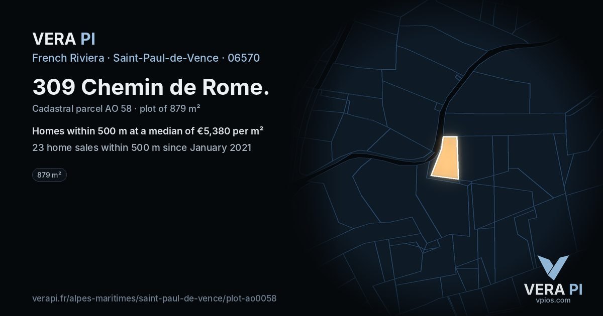 309 Chemin de Rome, Saint-Paul-de-Vence at night – the plot lit, the parcels around coloured by the prices near them