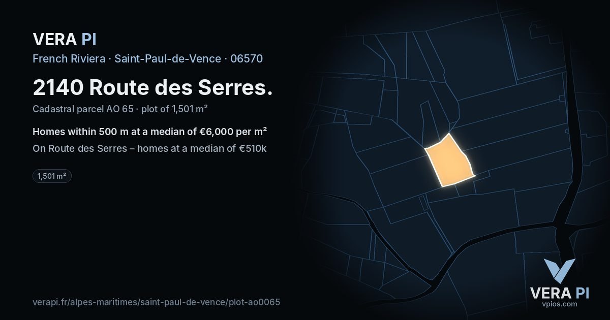 2140 Route des Serres, Saint-Paul-de-Vence at night – the plot lit, the parcels around coloured by the prices near them