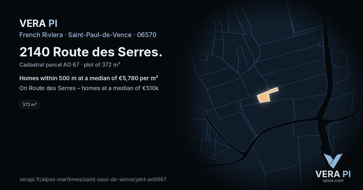 2140 Route des Serres, Saint-Paul-de-Vence at night – the plot lit, the parcels around coloured by the prices near them
