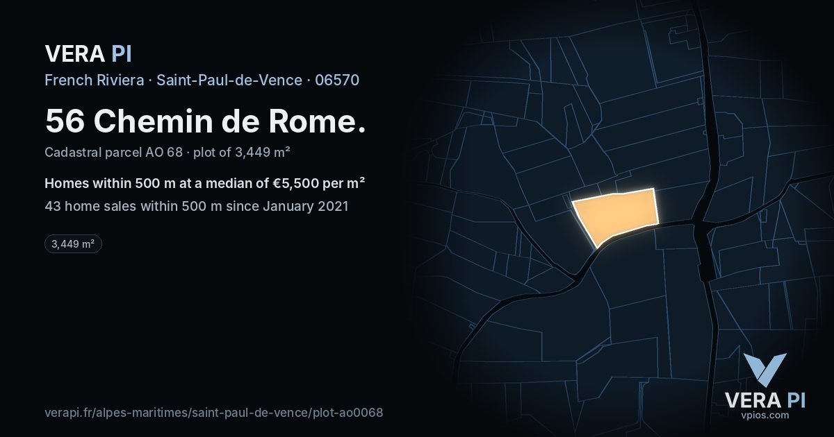 56 Chemin de Rome, Saint-Paul-de-Vence at night – the plot lit, the parcels around coloured by the prices near them