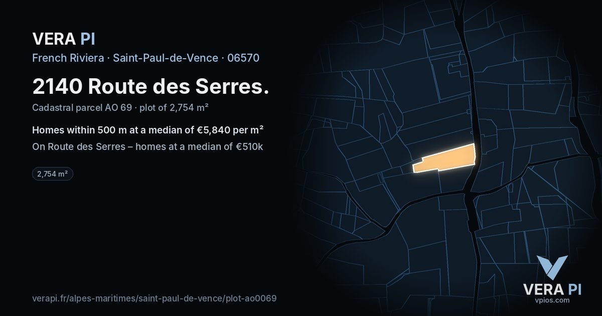2140 Route des Serres, Saint-Paul-de-Vence at night – the plot lit, the parcels around coloured by the prices near them