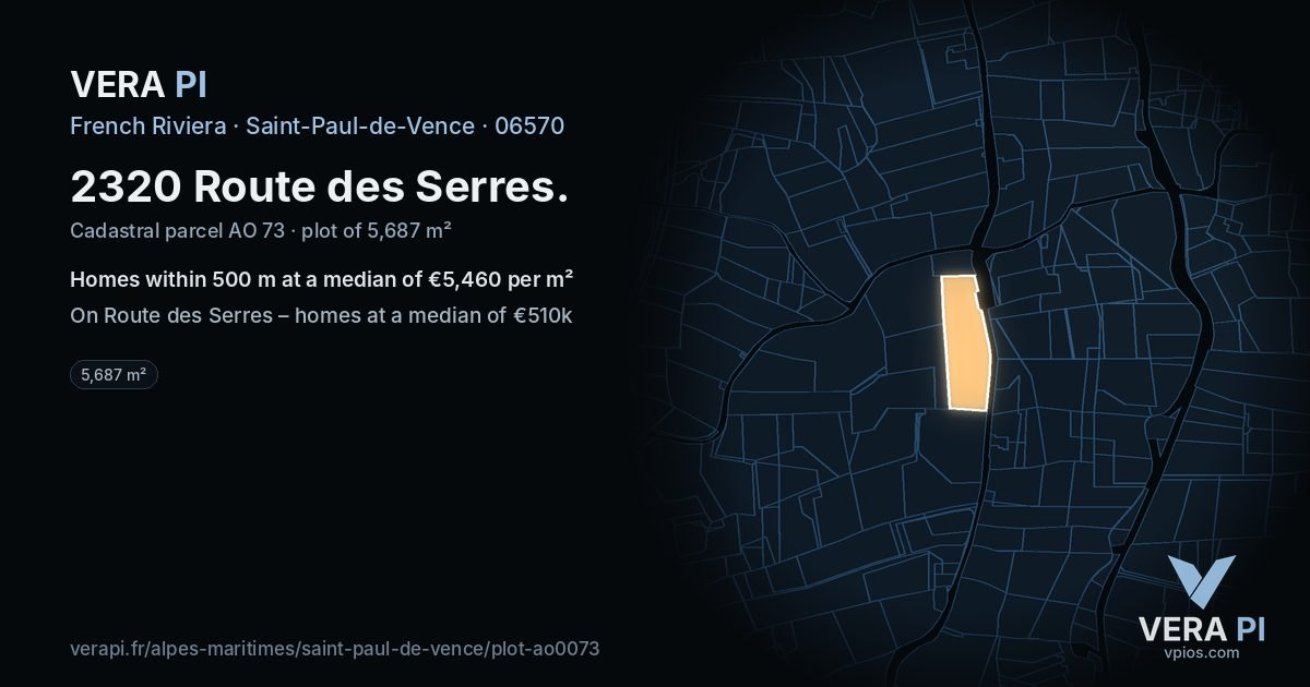 2320 Route des Serres, Saint-Paul-de-Vence at night – the plot lit, the parcels around coloured by the prices near them