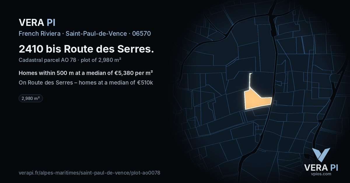 2410 bis Route des Serres, Saint-Paul-de-Vence at night – the plot lit, the parcels around coloured by the prices near them