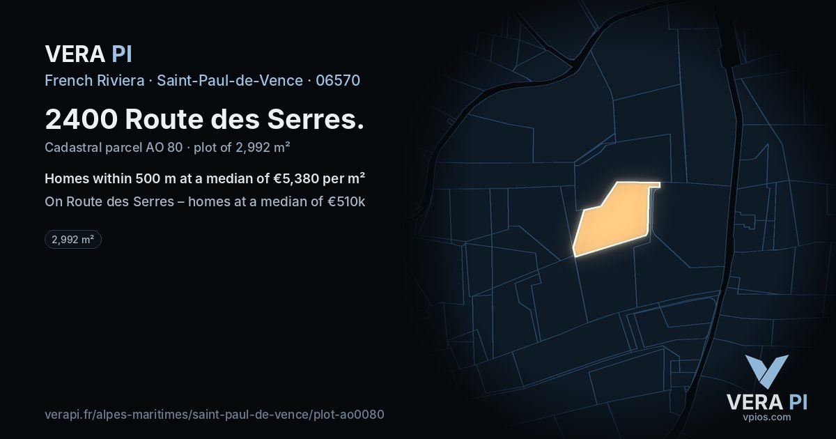 2400 Route des Serres, Saint-Paul-de-Vence at night – the plot lit, the parcels around coloured by the prices near them