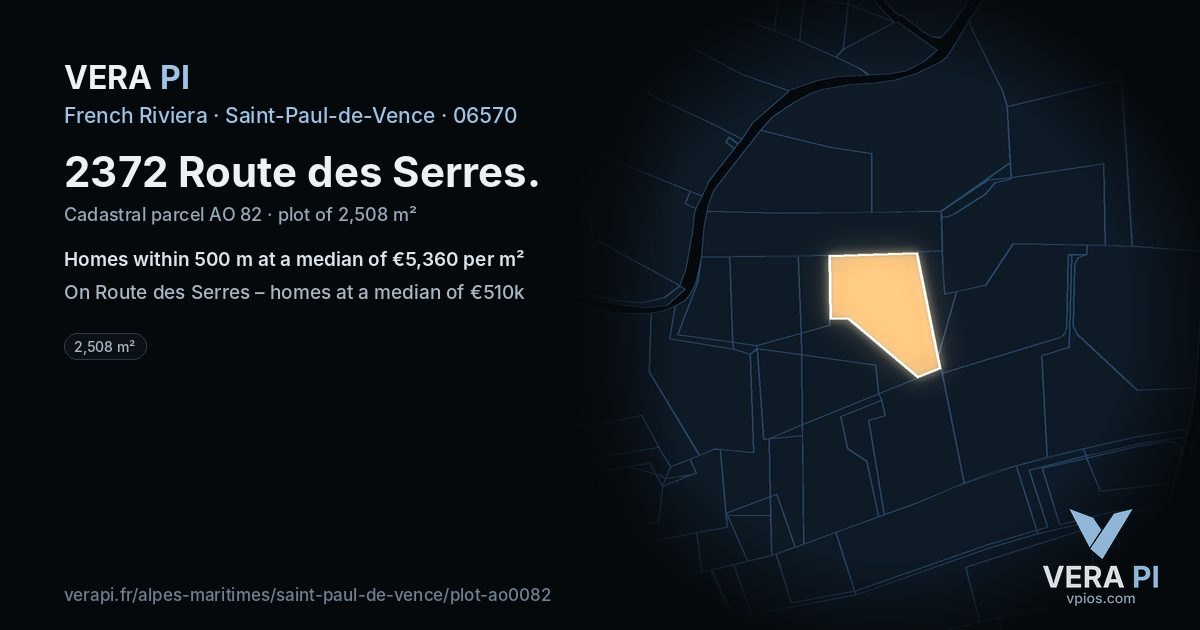 2372 Route des Serres, Saint-Paul-de-Vence at night – the plot lit, the parcels around coloured by the prices near them
