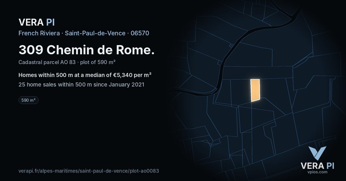 309 Chemin de Rome, Saint-Paul-de-Vence at night – the plot lit, the parcels around coloured by the prices near them