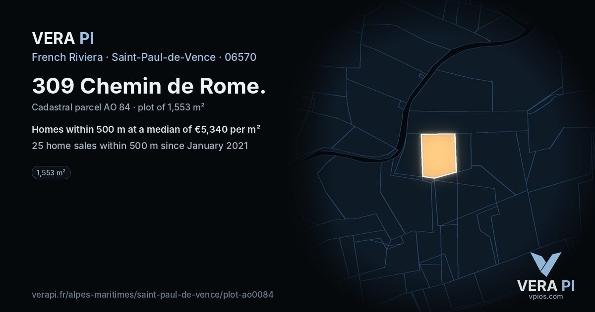 309 Chemin de Rome, Saint-Paul-de-Vence at night – the plot lit, the parcels around coloured by the prices near them