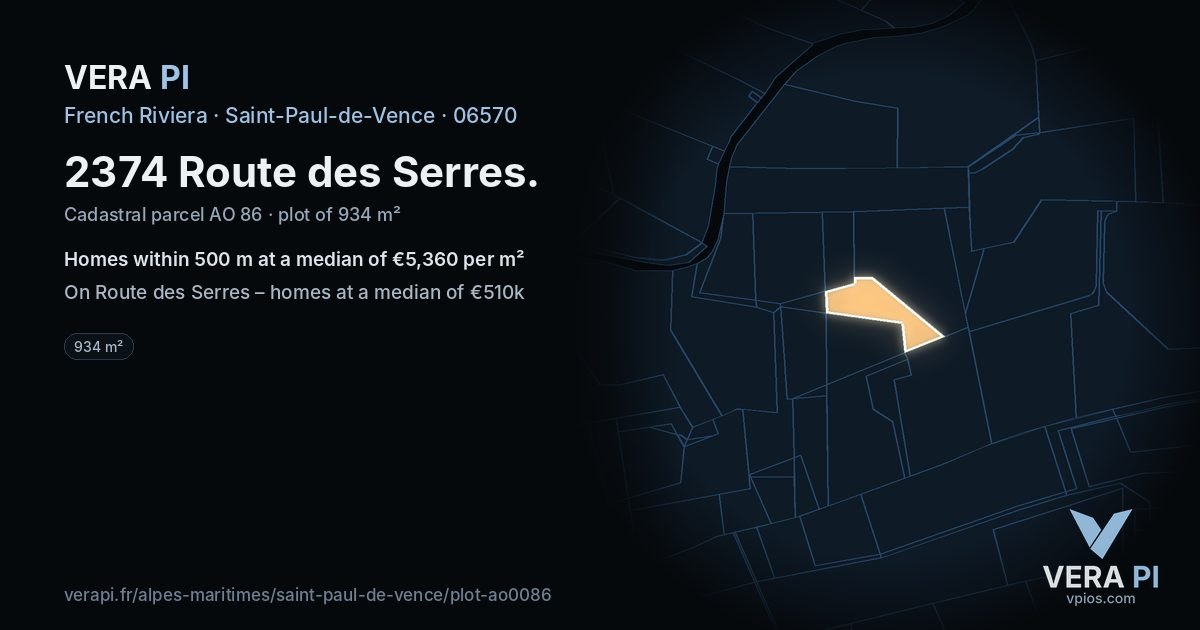 2374 Route des Serres, Saint-Paul-de-Vence at night – the plot lit, the parcels around coloured by the prices near them