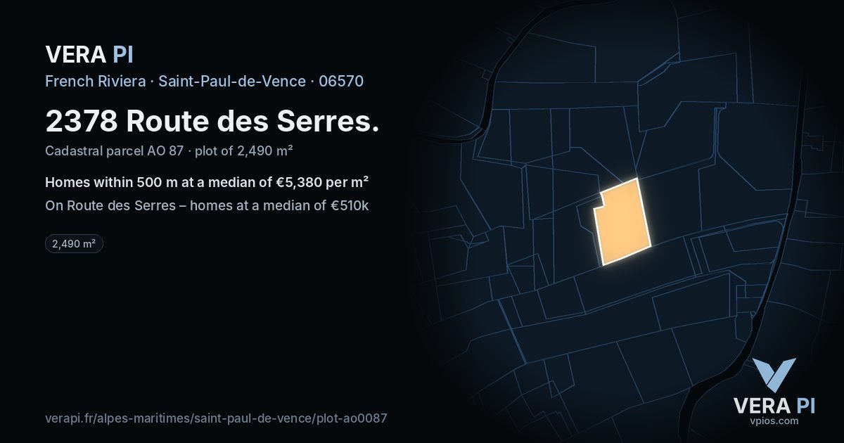 2378 Route des Serres, Saint-Paul-de-Vence at night – the plot lit, the parcels around coloured by the prices near them