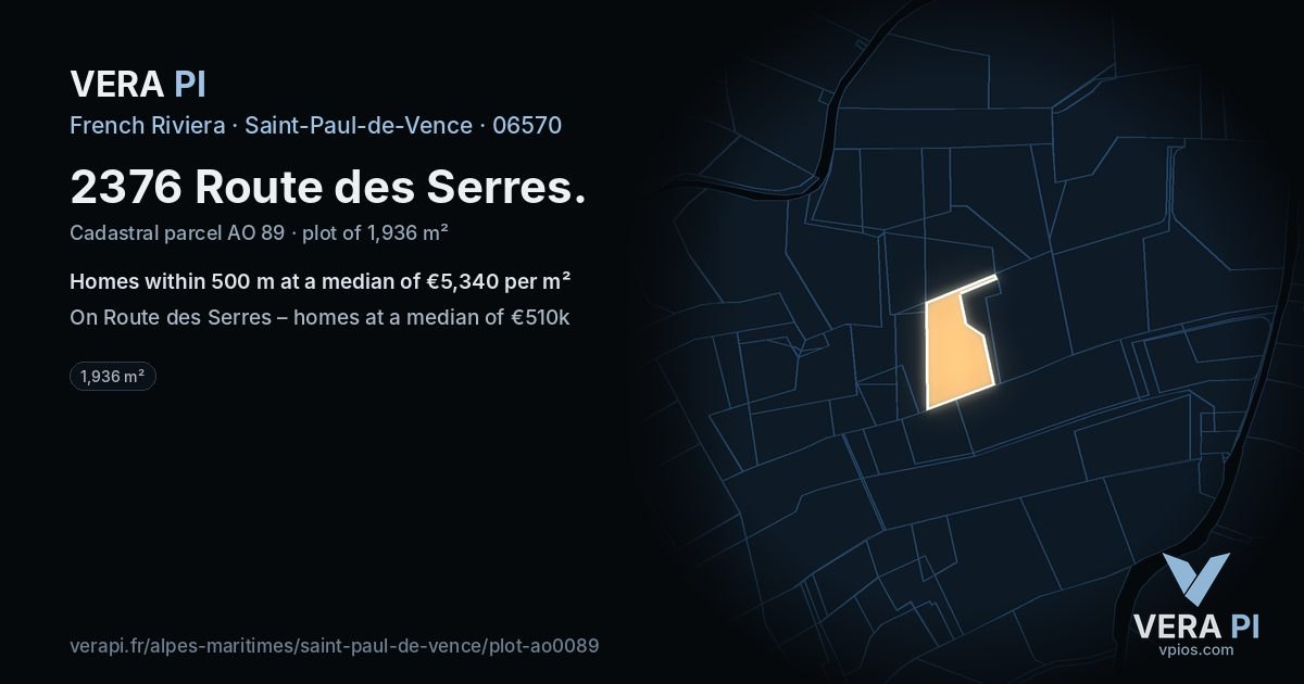 2376 Route des Serres, Saint-Paul-de-Vence at night – the plot lit, the parcels around coloured by the prices near them