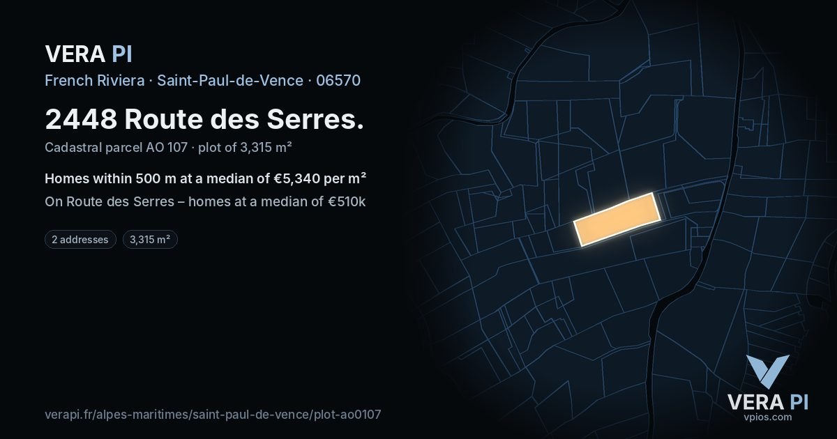 2448 Route des Serres, Saint-Paul-de-Vence at night – the plot lit, the parcels around coloured by the prices near them