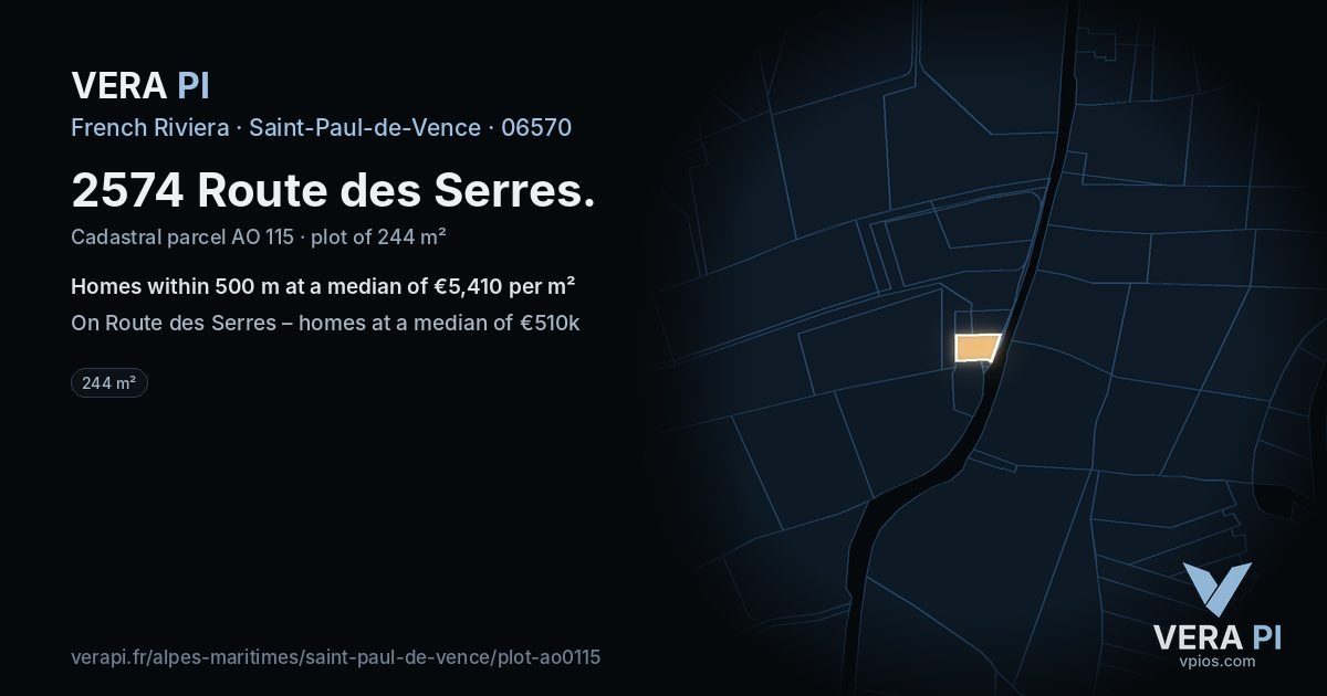 2574 Route des Serres, Saint-Paul-de-Vence at night – the plot lit, the parcels around coloured by the prices near them
