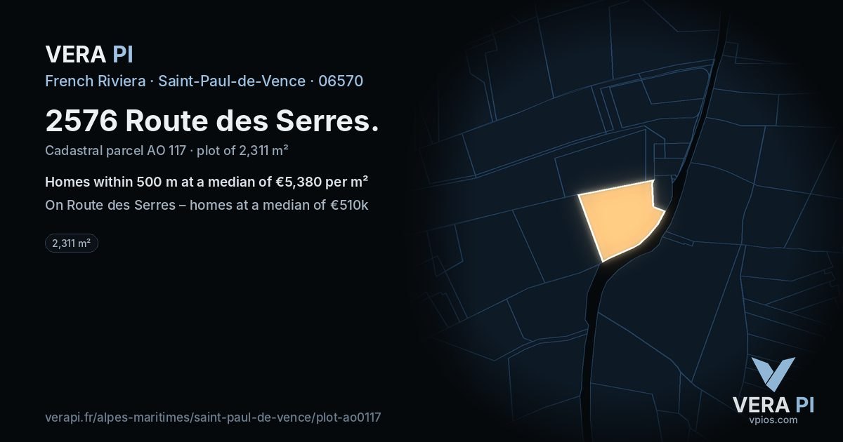 2576 Route des Serres, Saint-Paul-de-Vence at night – the plot lit, the parcels around coloured by the prices near them