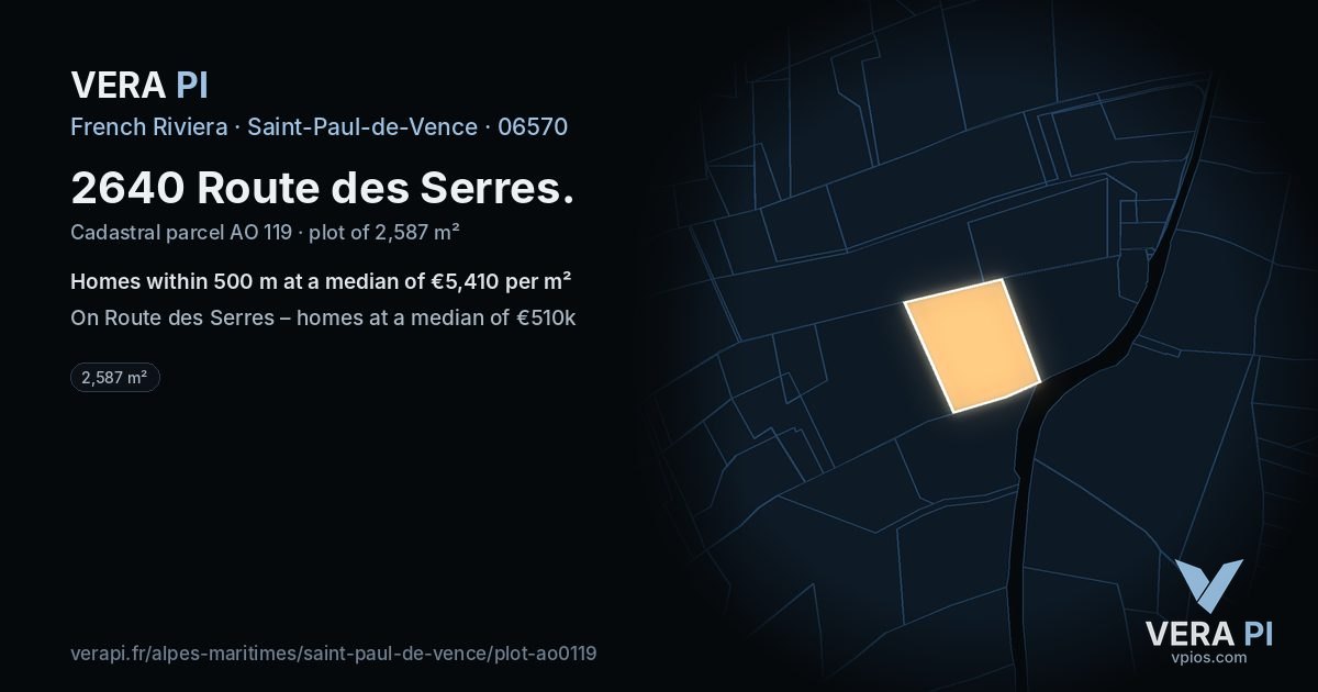2640 Route des Serres, Saint-Paul-de-Vence at night – the plot lit, the parcels around coloured by the prices near them