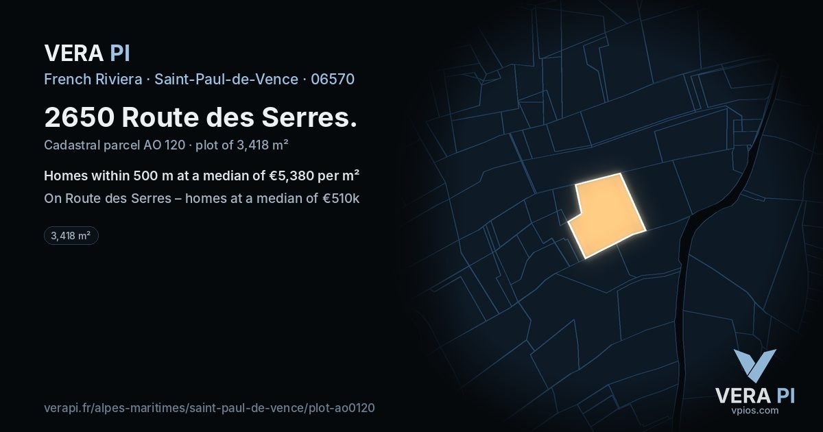 2650 Route des Serres, Saint-Paul-de-Vence at night – the plot lit, the parcels around coloured by the prices near them