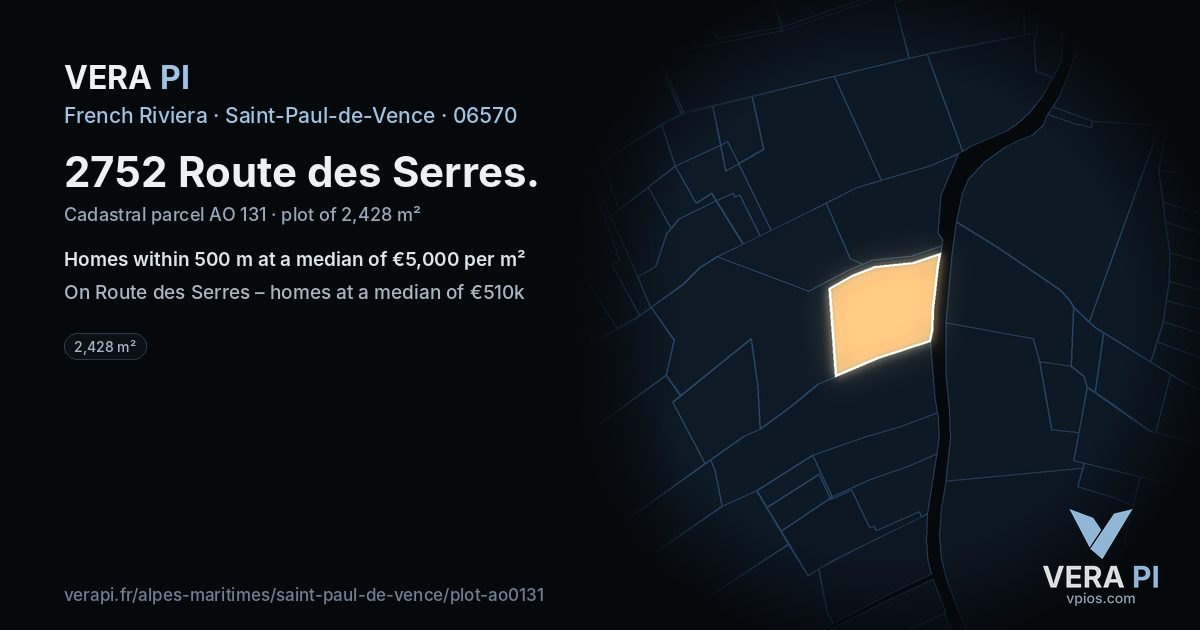 2752 Route des Serres, Saint-Paul-de-Vence at night – the plot lit, the parcels around coloured by the prices near them