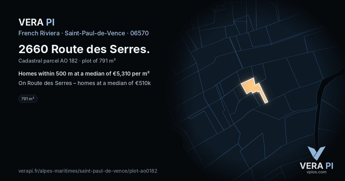 2660 Route des Serres, Saint-Paul-de-Vence at night – the plot lit, the parcels around coloured by the prices near them