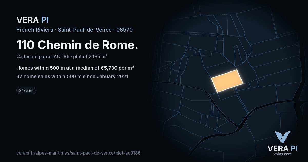 110 Chemin de Rome, Saint-Paul-de-Vence at night – the plot lit, the parcels around coloured by the prices near them