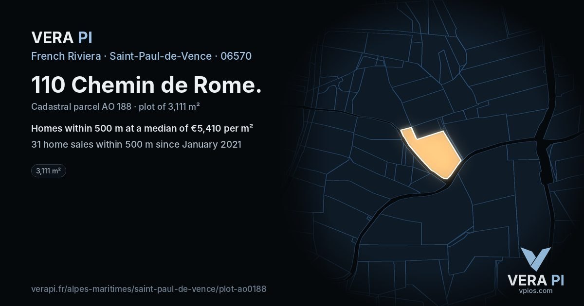 110 Chemin de Rome, Saint-Paul-de-Vence at night – the plot lit, the parcels around coloured by the prices near them