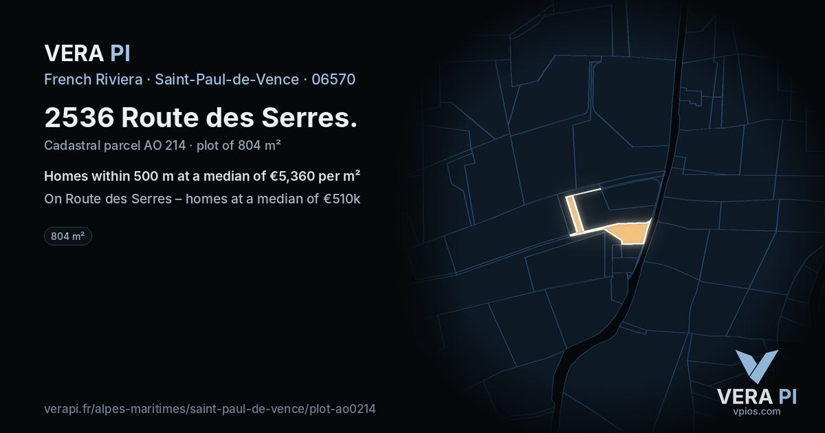 2536 Route des Serres, Saint-Paul-de-Vence at night – the plot lit, the parcels around coloured by the prices near them