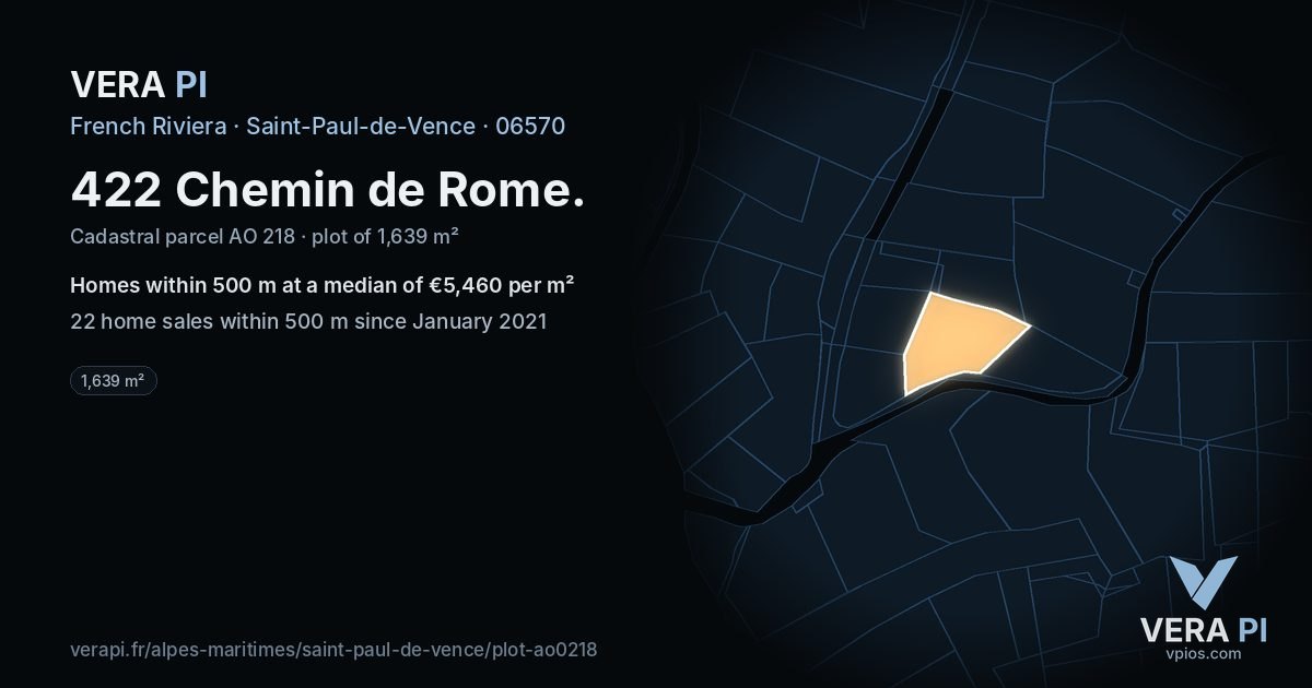 422 Chemin de Rome, Saint-Paul-de-Vence at night – the plot lit, the parcels around coloured by the prices near them