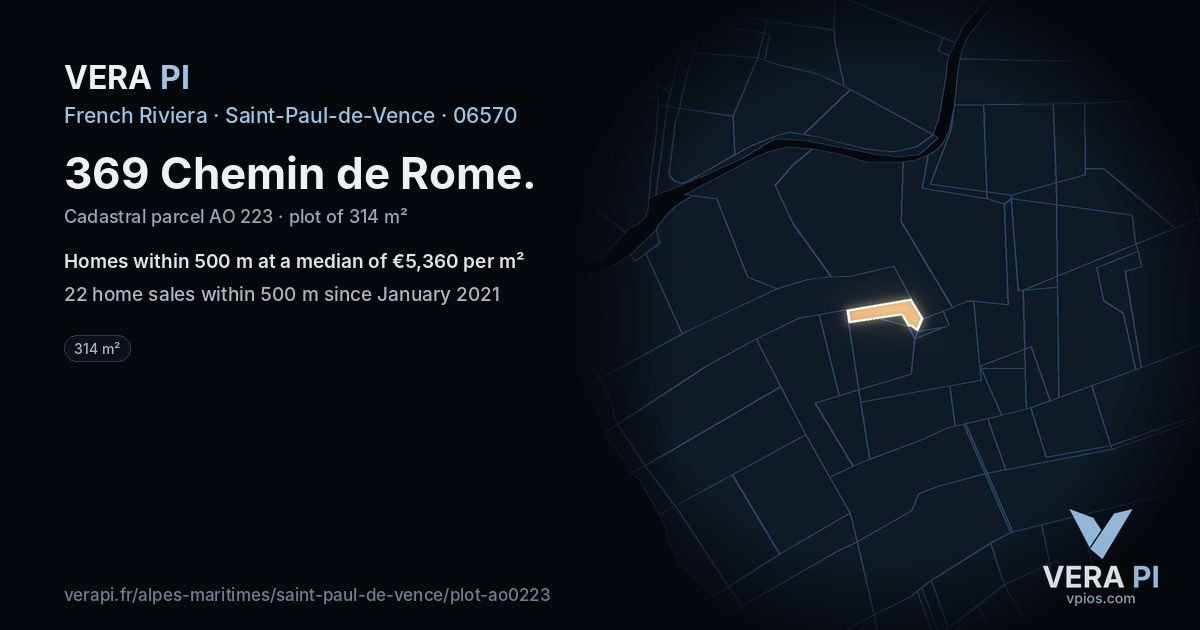 369 Chemin de Rome, Saint-Paul-de-Vence at night – the plot lit, the parcels around coloured by the prices near them