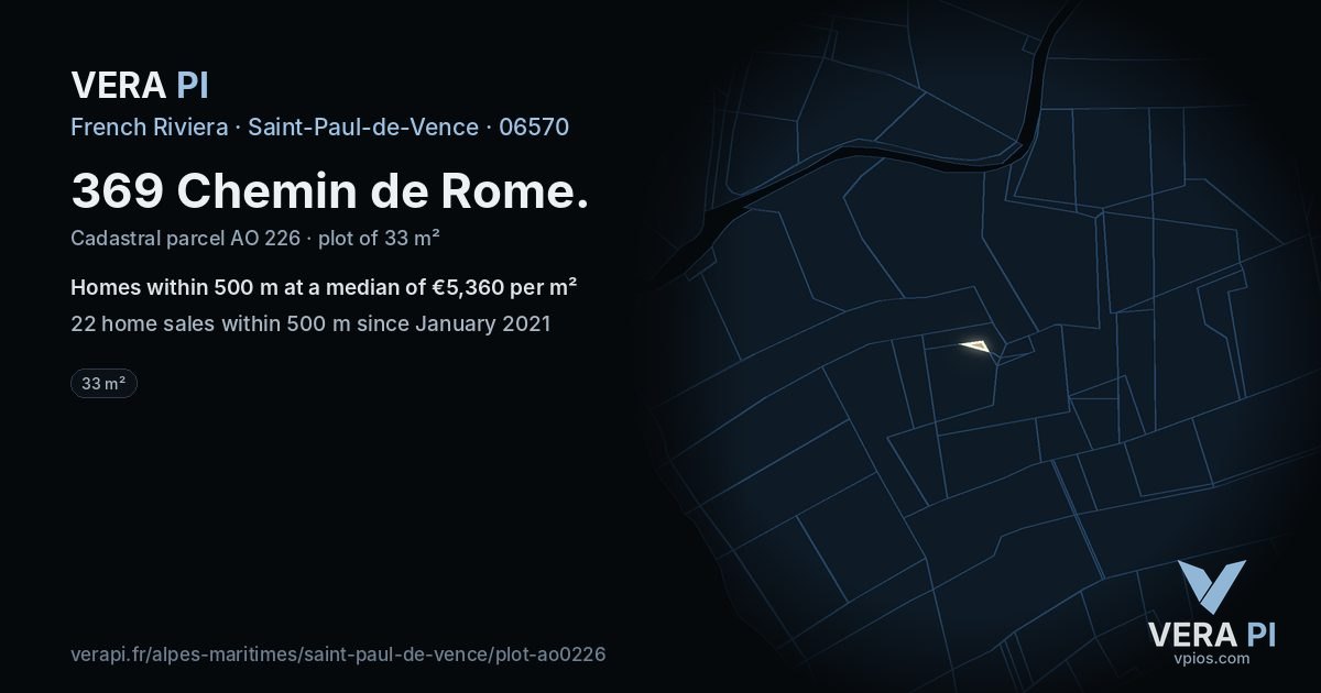 369 Chemin de Rome, Saint-Paul-de-Vence at night – the plot lit, the parcels around coloured by the prices near them