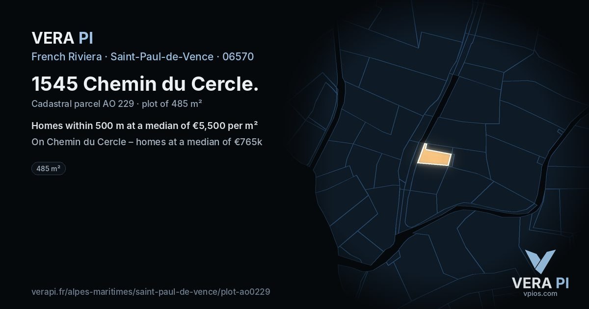1545 Chemin du Cercle, Saint-Paul-de-Vence at night – the plot lit, the parcels around coloured by the prices near them