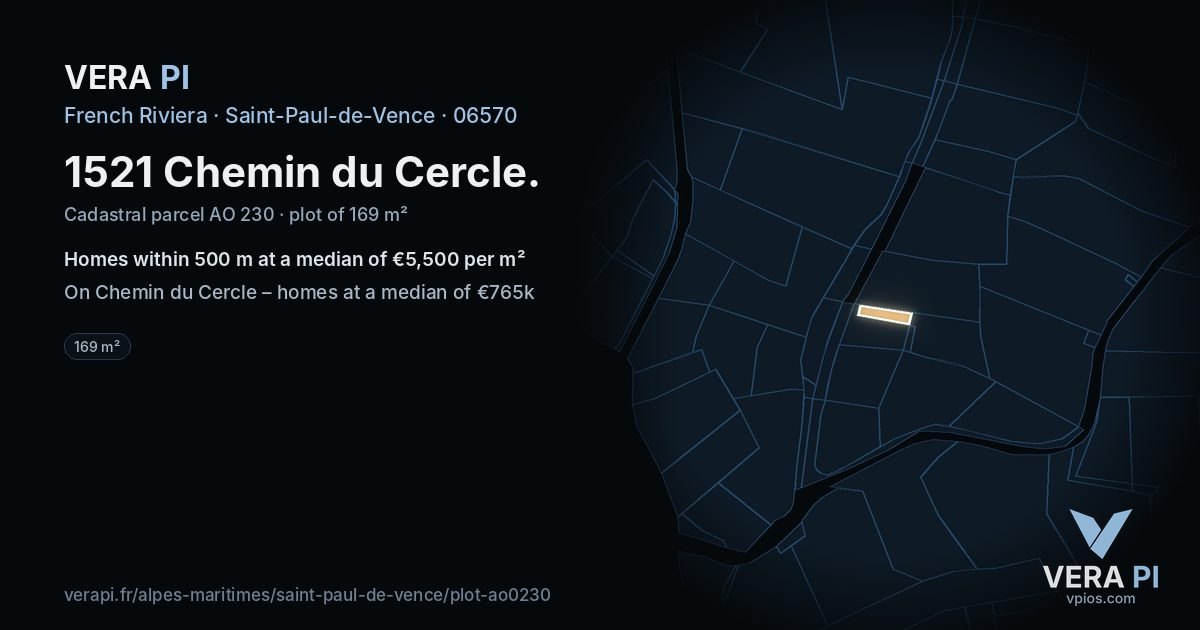 1521 Chemin du Cercle, Saint-Paul-de-Vence at night – the plot lit, the parcels around coloured by the prices near them