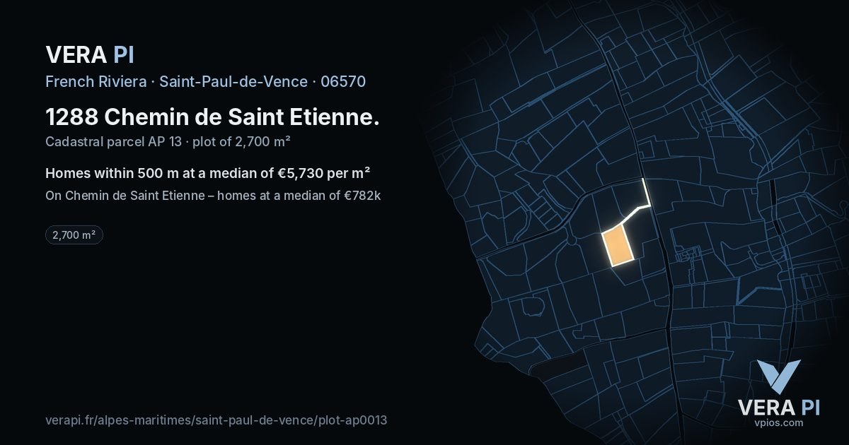 1288 Chemin de Saint Etienne, Saint-Paul-de-Vence at night – the plot lit, the parcels around coloured by the prices near them